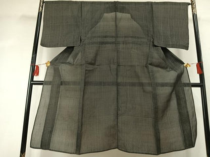 平和屋着物＊夏物 男性 上布 格子 黒地 麻 逸品 AABF5845fy