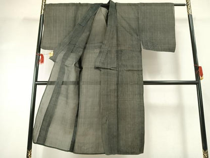平和屋着物＊夏物 男性 上布 格子 黒地 麻 逸品 AABF5845fy