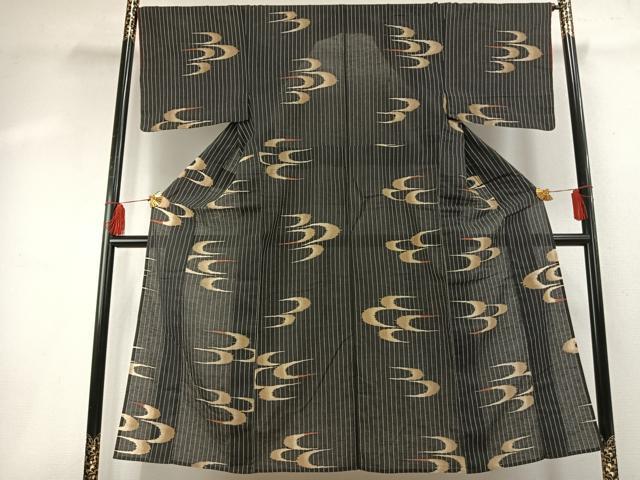平和屋着物＊夏物 小紋 紗 流水文 黒地 綿 AABF5847fy