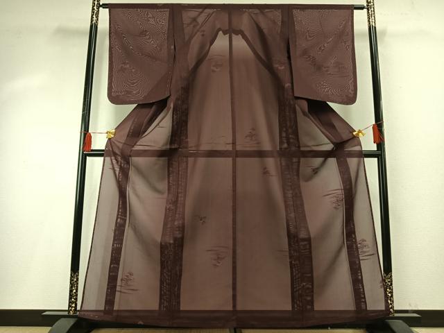 平和屋着物＊夏物 色無地 紗 松地紋 暗紅色 正絹 逸品 AABF5857fy