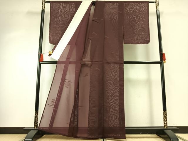 平和屋着物＊夏物 色無地 紗 松地紋 暗紅色 正絹 逸品 AABF5857fy