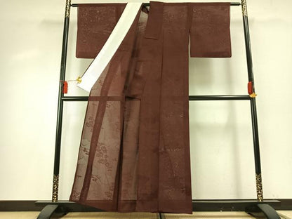平和屋着物＊夏物 色無地 絽 雲取り草花地紋 小豆色 正絹 逸品 AABF5861fy