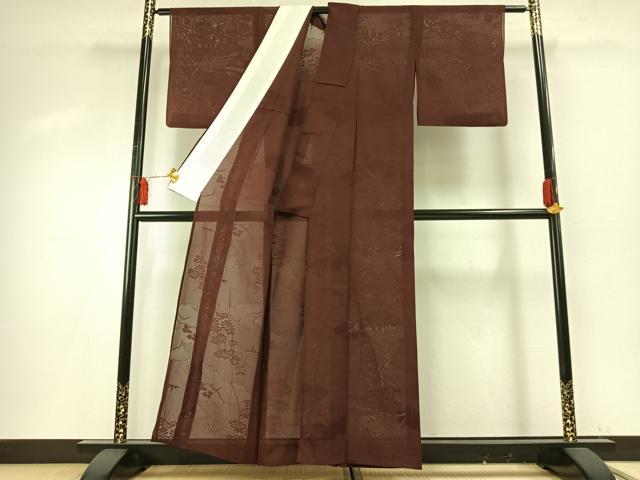 平和屋着物＊夏物 色無地 絽 雲取り草花地紋 小豆色 正絹 逸品 AABF5861fy