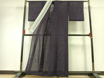 平和屋着物＊夏物 色無地 絽 草花地紋 濃鼠色 正絹 逸品 AABF5862fy