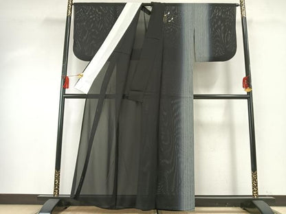 平和屋着物＊夏物 訪問着 絽 手描き 勝虫 竹 暈し染め 黒地 金彩 正絹 逸品 AABF5865fy