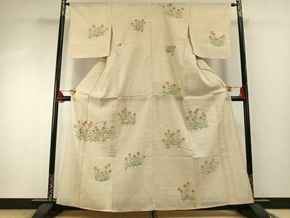 平和屋着物＊夏物　訪問着　生紬　手描き　草花文　正絹　逸品　AABF5868fy