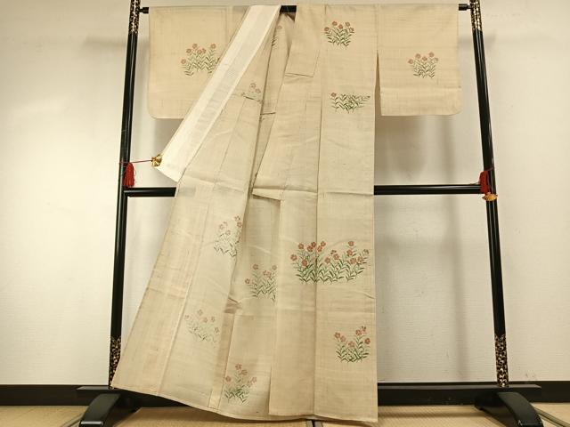 平和屋着物＊夏物　訪問着　生紬　手描き　草花文　正絹　逸品　AABF5868fy