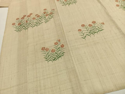 平和屋着物＊夏物　訪問着　生紬　手描き　草花文　正絹　逸品　AABF5868fy