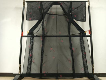 平和屋着物＊夏物 小紋 紗 枝花文 黒地 正絹 逸品 未使用 AABF5878fy
