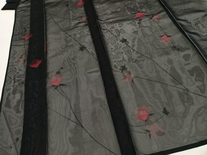 平和屋着物＊夏物 小紋 紗 枝花文 黒地 正絹 逸品 未使用 AABF5878fy