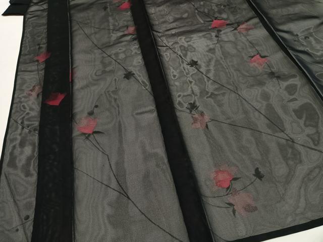 平和屋着物＊夏物 小紋 紗 枝花文 黒地 正絹 逸品 未使用 AABF5878fy