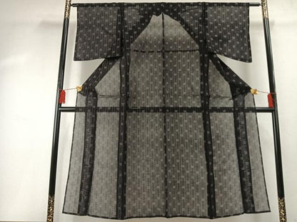 平和屋着物＊夏物 紗紬 井桁文様 黒地 正絹 逸品 AABF5904fy