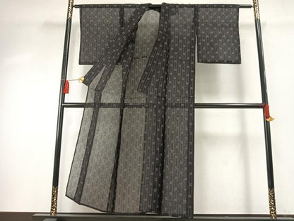 平和屋着物＊夏物 紗紬 井桁文様 黒地 正絹 逸品 AABF5904fy