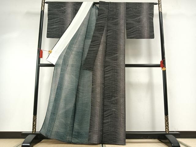 平和屋着物＊夏物 小紋 絽 変わり格子 黒地 正絹 逸品 AABF5909fy