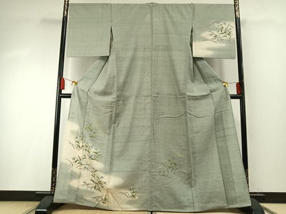平和屋着物▽訪問着 単衣 生紬地 手描き 草花文 正絹 逸品 AABF5912fy