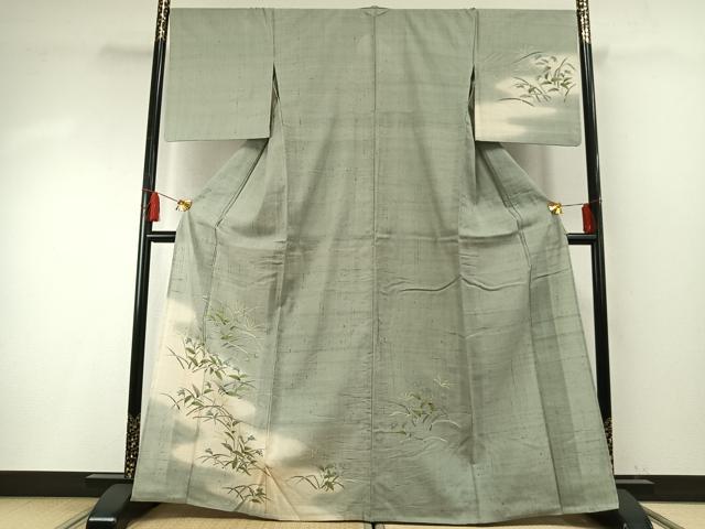平和屋着物▽訪問着 単衣 生紬地 手描き 草花文 正絹 逸品 AABF5912fy