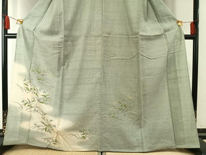 平和屋着物▽訪問着 単衣 生紬地 手描き 草花文 正絹 逸品 AABF5912fy