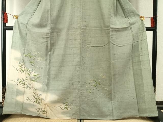 平和屋着物▽訪問着 単衣 生紬地 手描き 草花文 正絹 逸品 AABF5912fy