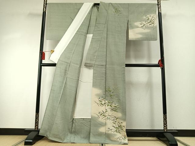 平和屋着物▽訪問着 単衣 生紬地 手描き 草花文 正絹 逸品 AABF5912fy