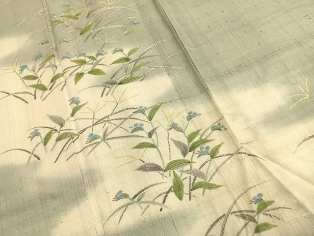 平和屋着物▽訪問着 単衣 生紬地 手描き 草花文 正絹 逸品 AABF5912fy