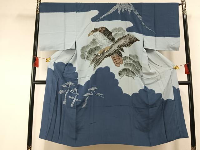 平和屋着物●男性　長襦袢　袷　絞り　手描き　鷲　金彩　正絹　逸品　AABF5913fy