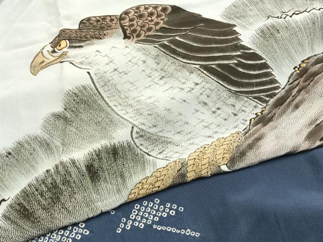 平和屋着物●男性　長襦袢　袷　絞り　手描き　鷲　金彩　正絹　逸品　AABF5913fy
