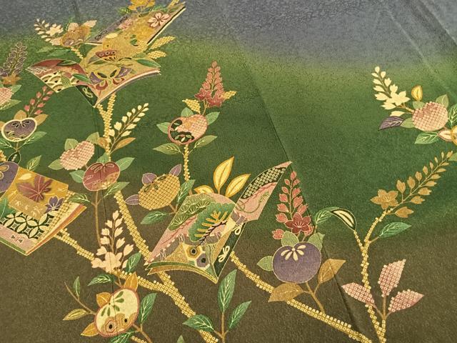 平和屋着物●訪問着 作家物 本苔染 冊子花蝶文 暈し染め 金彩 正絹 逸品 AABF5937fy