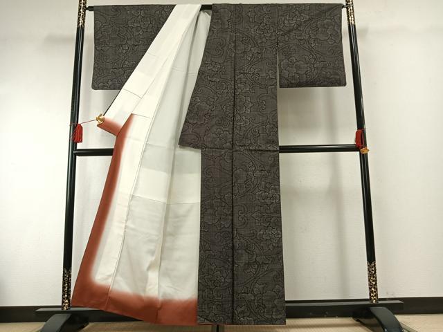 平和屋着物●本場大島紬　一元絣　花唐草文　黒地　正絹　逸品　AABF5940fy