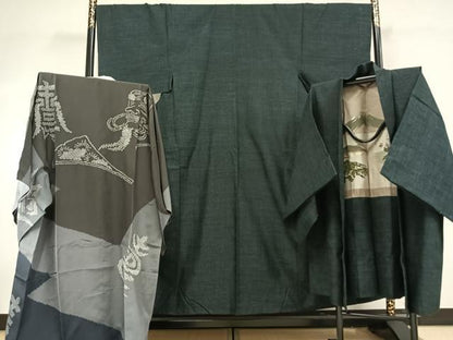 平和屋着物●男性　結城紬　アンサンブル　長襦袢(袷)セット　杢　正絹　逸品　AABF5941fy