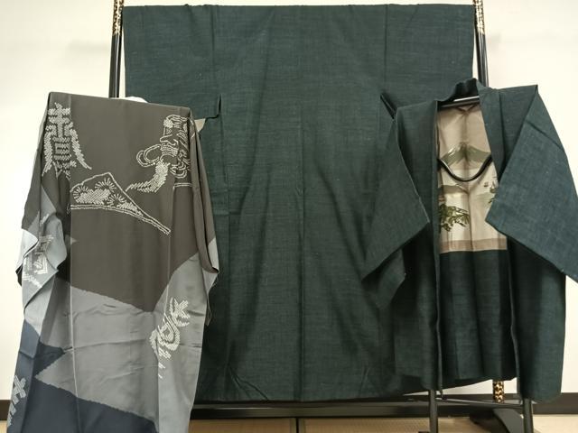 平和屋着物●男性　結城紬　アンサンブル　長襦袢(袷)セット　杢　正絹　逸品　AABF5941fy