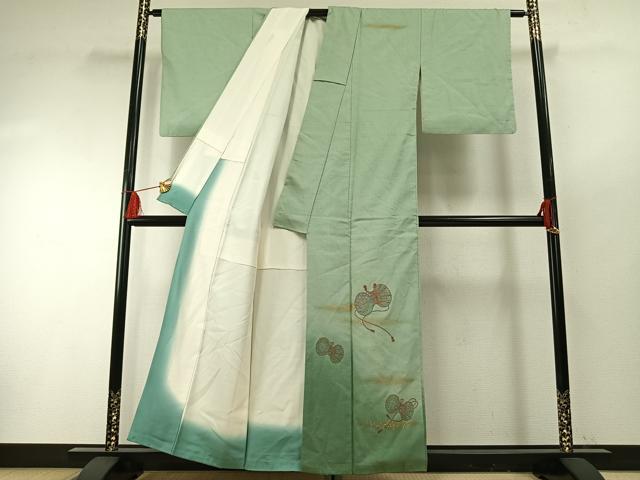 平和屋着物●中村扇雀 真綿結城紬 訪問着 刺繍 鼓 暈し染め 金彩 反端付き 正絹 逸品 AABF5950fy