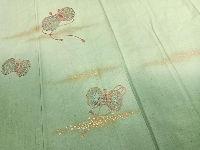 平和屋着物●中村扇雀 真綿結城紬 訪問着 刺繍 鼓 暈し染め 金彩 反端付き 正絹 逸品 AABF5950fy
