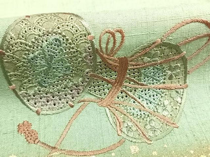 平和屋着物●中村扇雀 真綿結城紬 訪問着 刺繍 鼓 暈し染め 金彩 反端付き 正絹 逸品 AABF5950fy