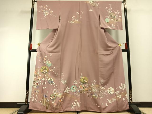 平和屋着物●訪問着 友禅 駒刺繍 花鳥丸文 金彩 正絹 逸品 未使用 AABF5960fy