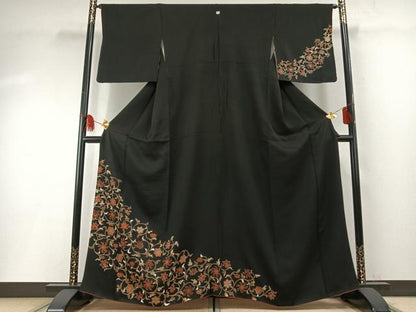平和屋着物●訪問着　花唐草文　黒地　金彩　正絹　逸品　AABF5963fy