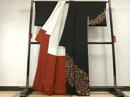 平和屋着物●訪問着　花唐草文　黒地　金彩　正絹　逸品　AABF5963fy