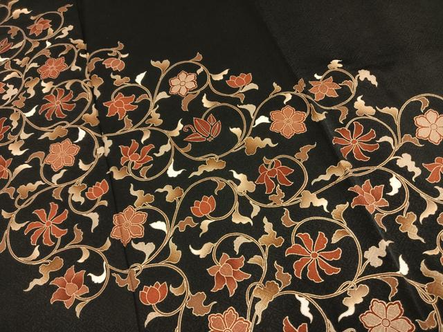 平和屋着物●訪問着　花唐草文　黒地　金彩　正絹　逸品　AABF5963fy