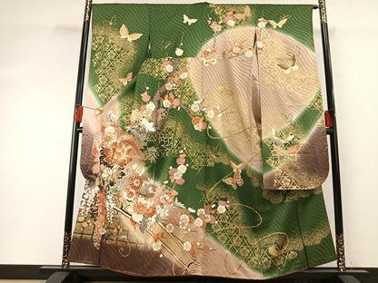 平和屋着物●豪華振袖 駒刺繍 花蝶文 暈し染め 金彩 正絹 逸品 AABF5971fy