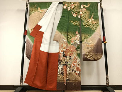 平和屋着物●豪華振袖 駒刺繍 花蝶文 暈し染め 金彩 正絹 逸品 AABF5971fy