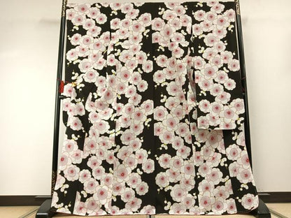 平和屋着物●振袖 舞花文 黒地 洗える着物 未使用 AABF5976fy