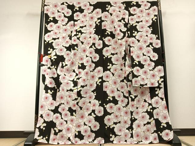 平和屋着物●振袖 舞花文 黒地 洗える着物 未使用 AABF5976fy