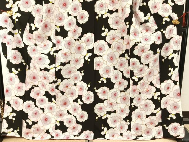 平和屋着物●振袖 舞花文 黒地 洗える着物 未使用 AABF5976fy