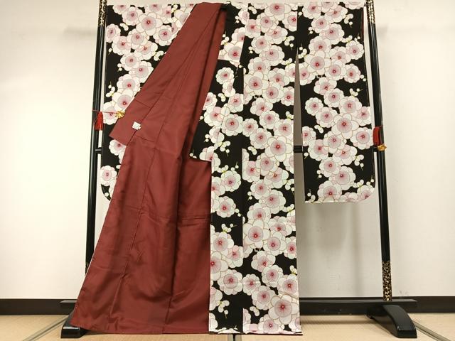 平和屋着物●振袖 舞花文 黒地 洗える着物 未使用 AABF5976fy