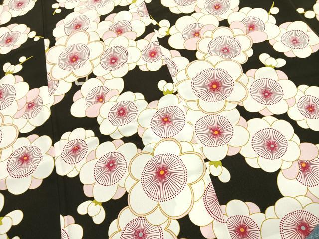 平和屋着物●振袖 舞花文 黒地 洗える着物 未使用 AABF5976fy