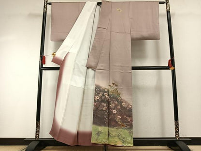 平和屋着物●訪問着　作家物　手描き　珠虹箔　螺鈿　繪夢工房　風景花文　暈し染め　金銀彩　反端付き　正絹　逸品　AABF5979fy