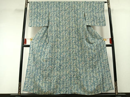 平和屋着物●上質な小紋　藍　型染め　松竹梅　鬼しぼ縮緬　正絹　逸品　AABF5981fy
