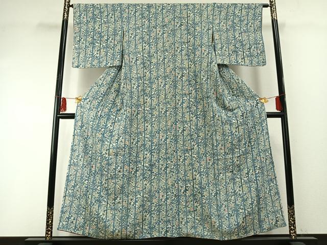 平和屋着物●上質な小紋　藍　型染め　松竹梅　鬼しぼ縮緬　正絹　逸品　AABF5981fy