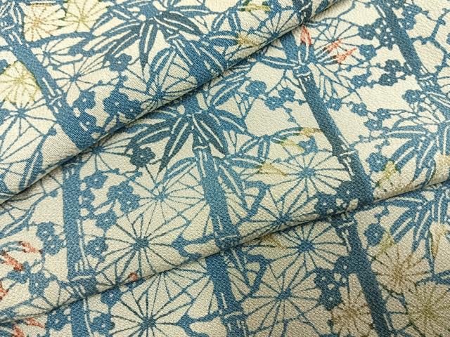 平和屋着物●上質な小紋　藍　型染め　松竹梅　鬼しぼ縮緬　正絹　逸品　AABF5981fy