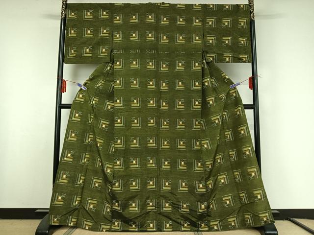平和屋着物▽上質な紬　単衣　幾何学文様　正絹　逸品　AABF6013jh
