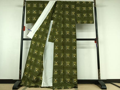 平和屋着物▽上質な紬　単衣　幾何学文様　正絹　逸品　AABF6013jh